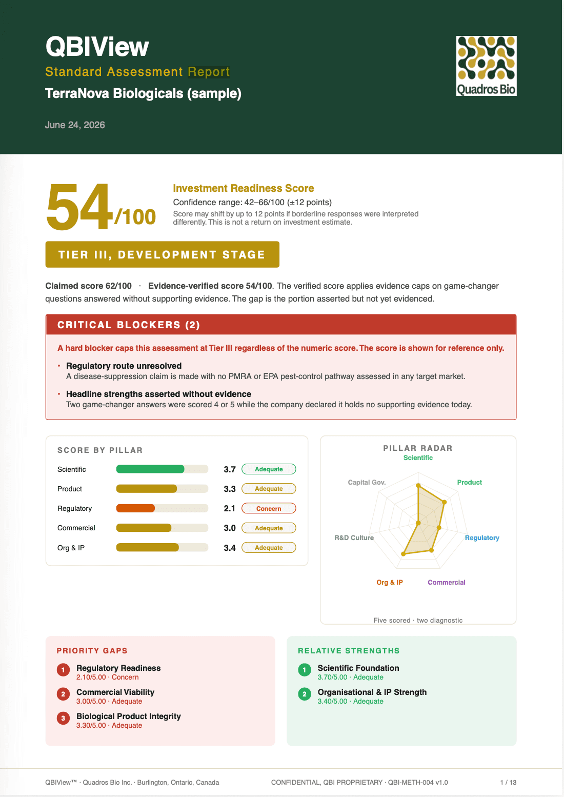 QBIView Standard Assessment report, first page (sample): investment readiness score, tier, critical blockers, score by pillar, pillar radar, priority gaps, and relative strengths