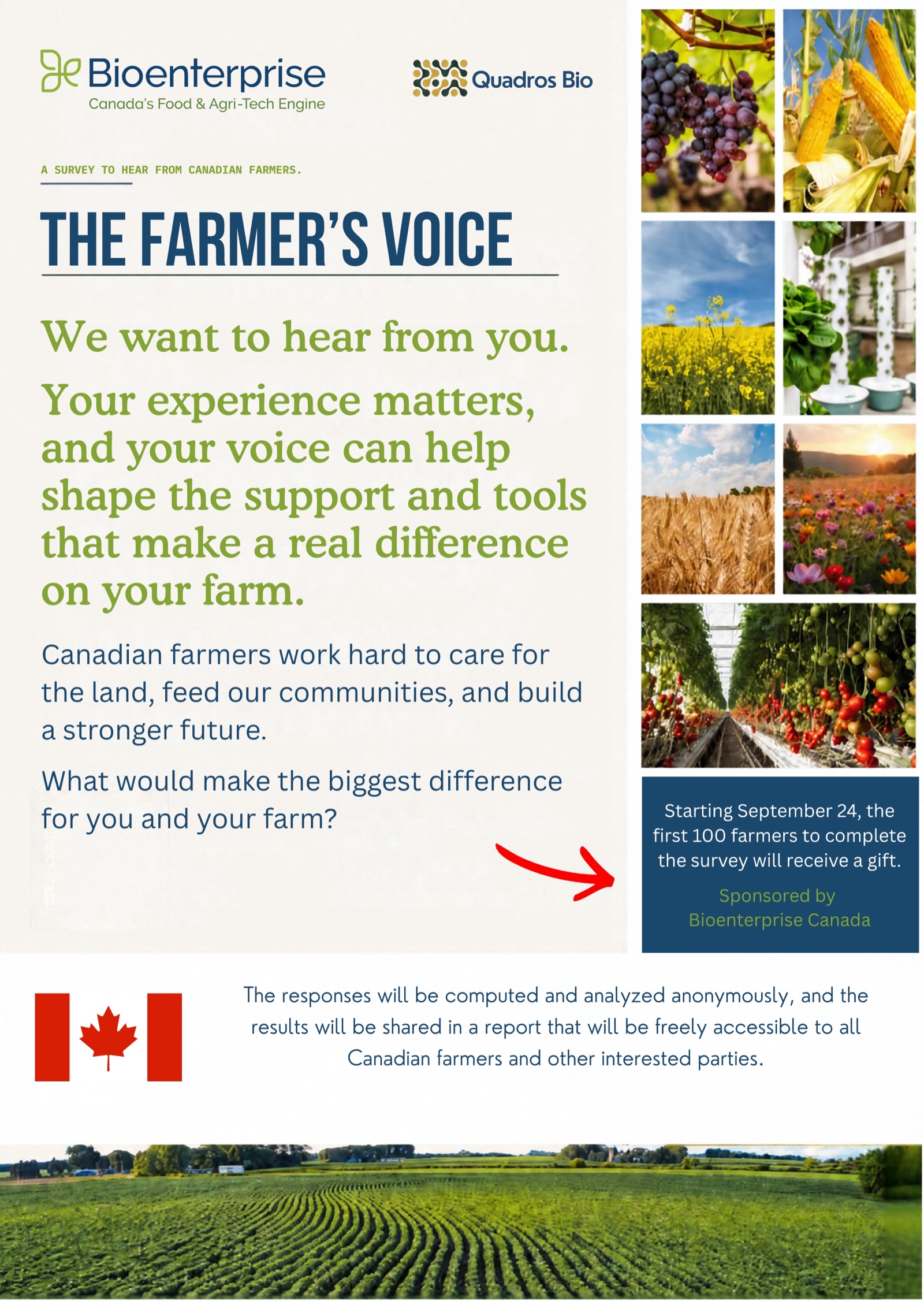 The Farmer's Voice poster, by Quadros Bio and Bioenterprise Canada: what should be available for you and your farm?